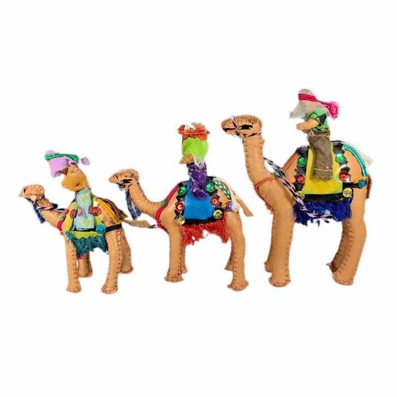 Other - Vintage Arabian Dromedary Set of 3 Camels & Riders Hand Stitched Leather